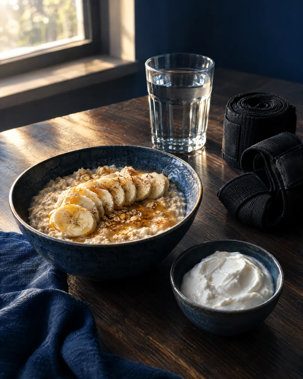 Owsianka z bananem i miodem, miseczka skyru i szklanka wody obok owijek bokserskich
