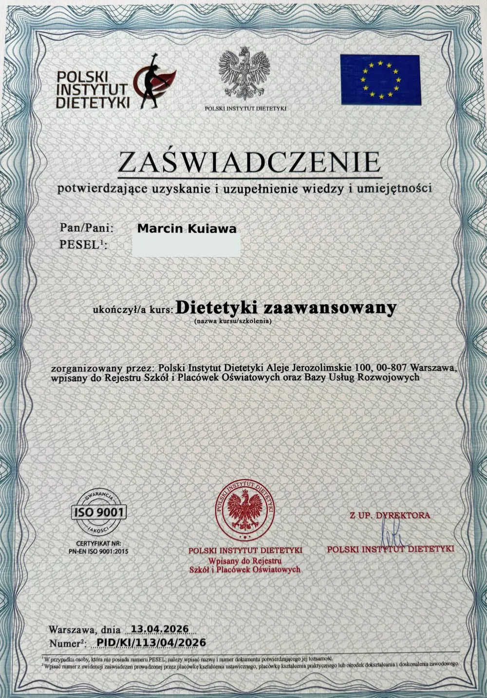 Zaświadczenie Polskiego Instytutu Dietetyki: Kurs dietetyki zaawansowany, Marcin Kujawa